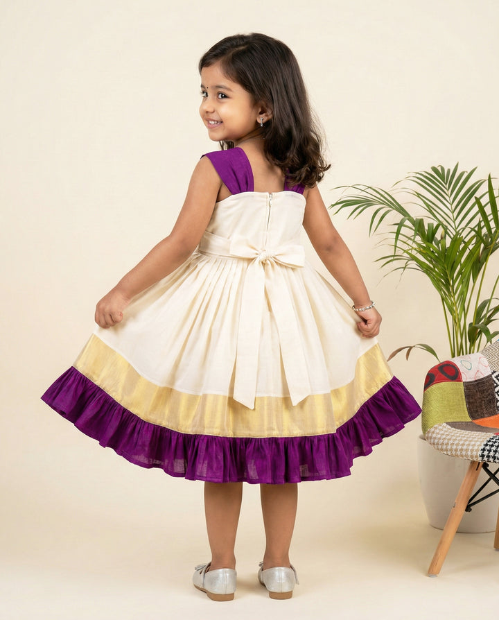 Cream purple kasavu handloom frock back view – Stanwells Kids