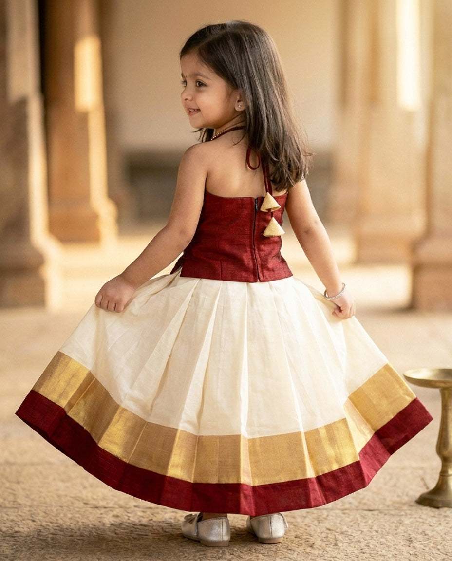 Cream & Meroon Traditional Kerala Kasavu Onam Special Lehenga