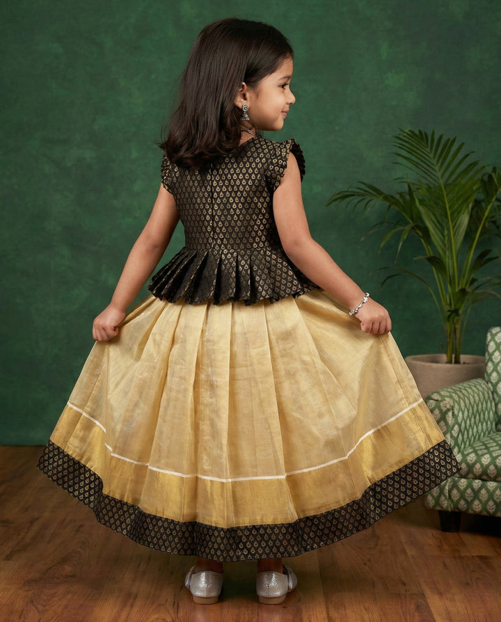 Kerala Kasavu black brocade baby girls birthday dress traditional lehenga set