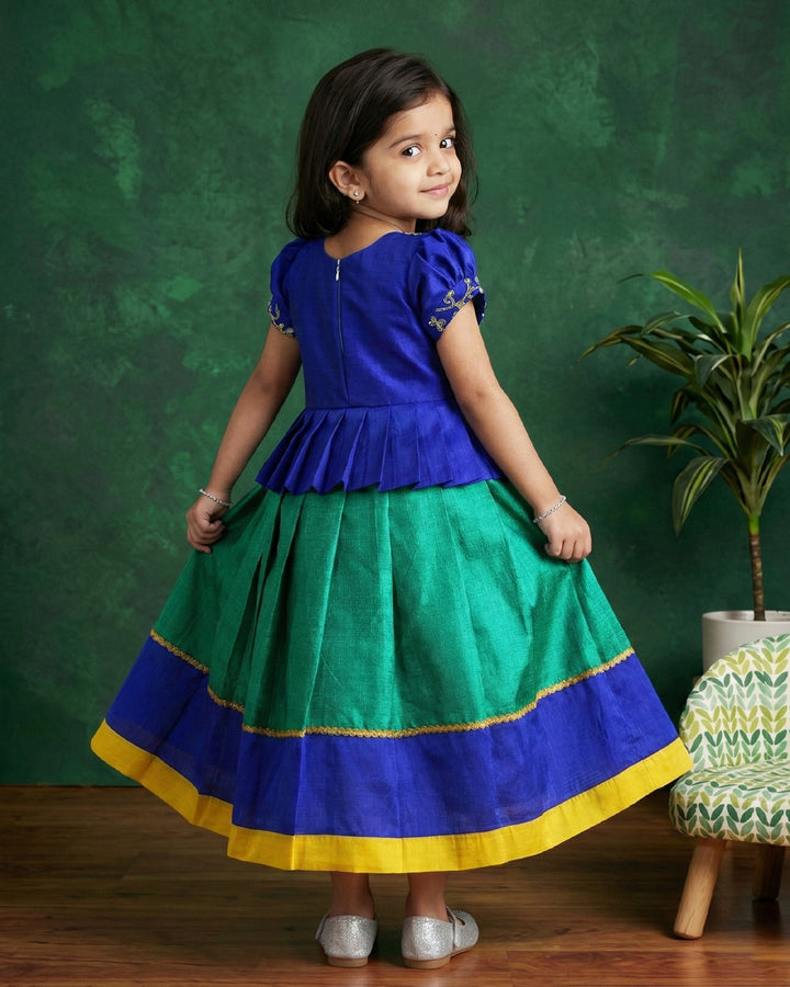 Rama green royal blue South Indian lehenga choli set for baby girls, birthday dress, ethnic wear for kids, sequins embroidery lehenga, Stanwells Kids collection