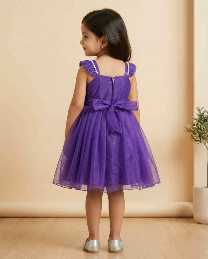 pastel violet birthday frock for baby girls, shimmer net flower applique dress, baby girl party wear, toddler birthday dress India, Stanwells Kids