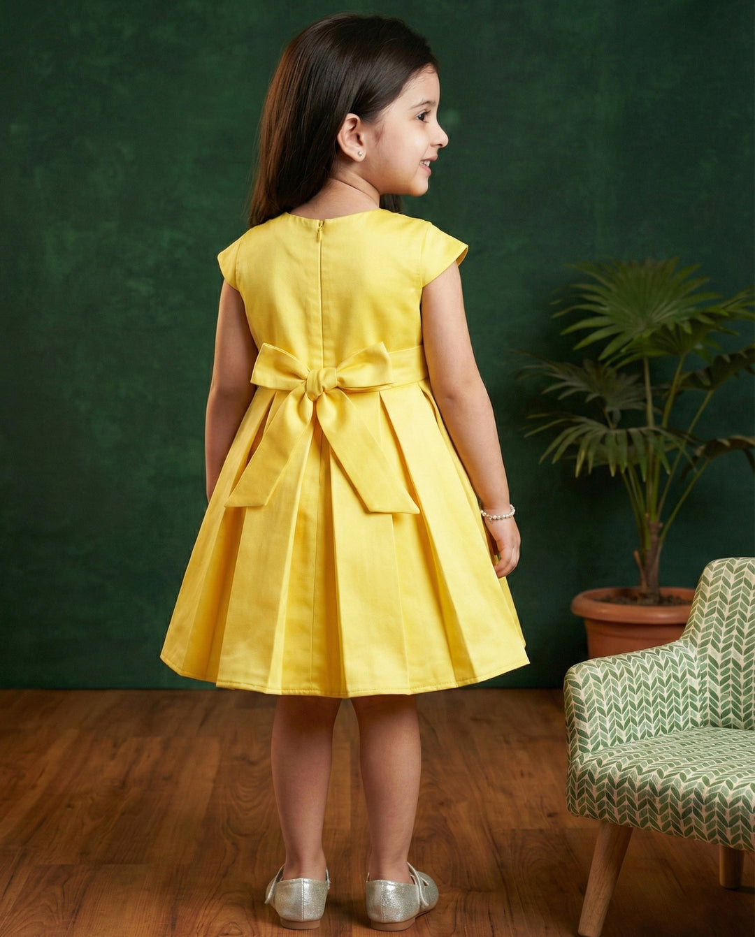 Baby yellow silky satin baby girl birthday dress, western style frock, box pleated birthday dress, kids party wear outfit for girls