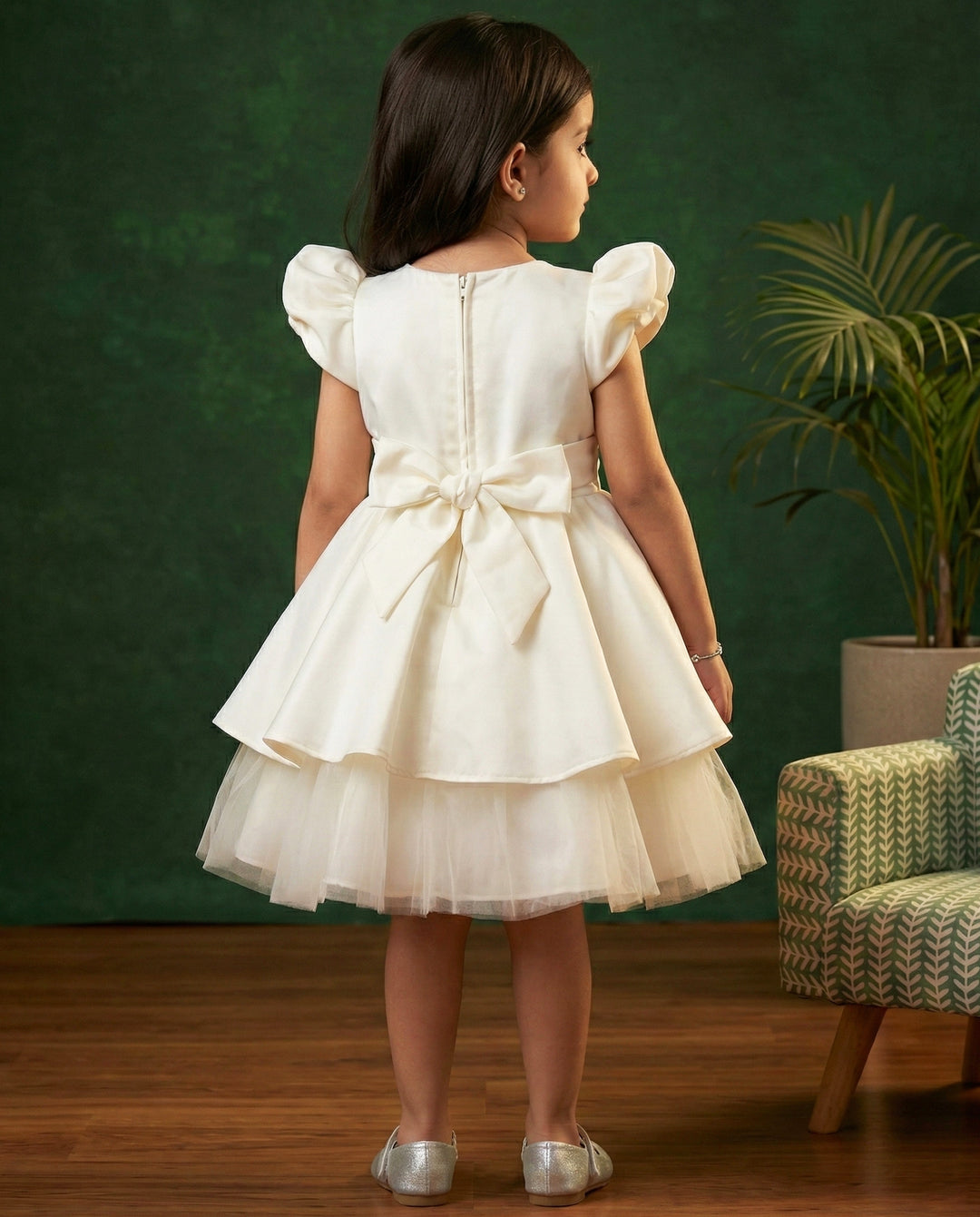 Off White Silky Satin Butterfly Applique Frock for Girls