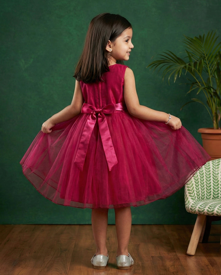 Dark magenta bow frock detail – sequins embroidery girls dress ready to ship