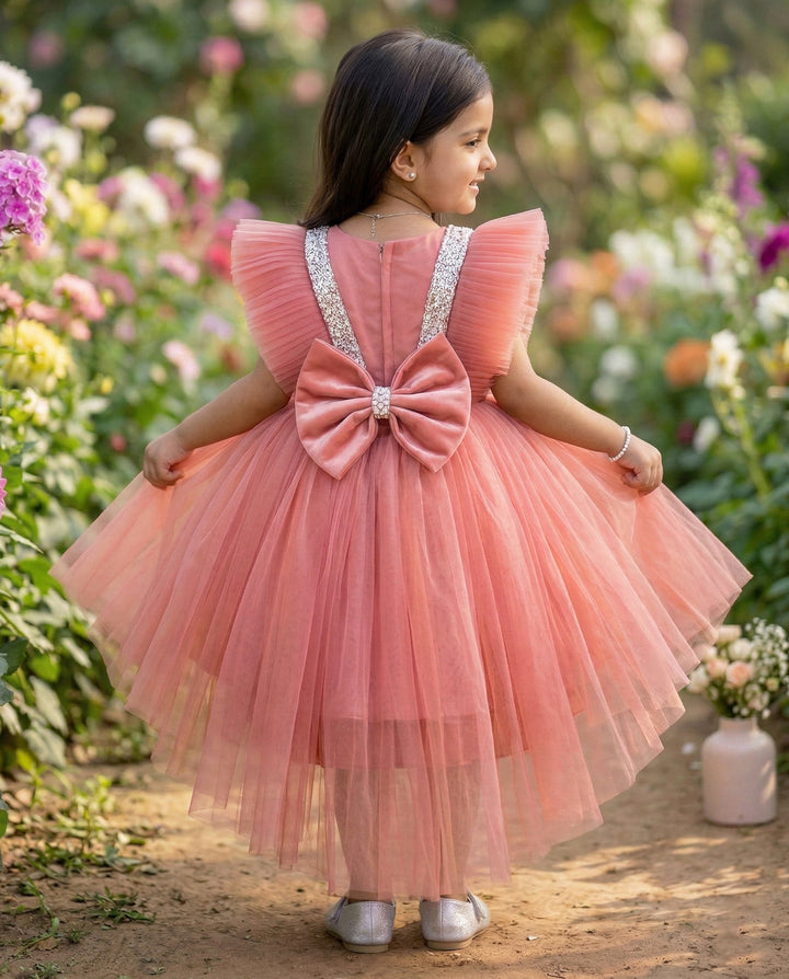 Blush coral flared net birthday frock back view – Stanwells Kids