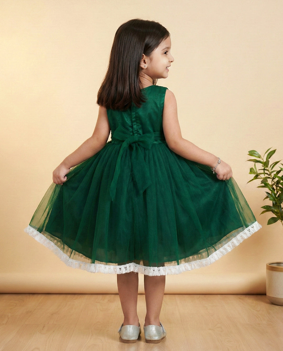 Bottle green lace frock detail – kids party dress ready to ship