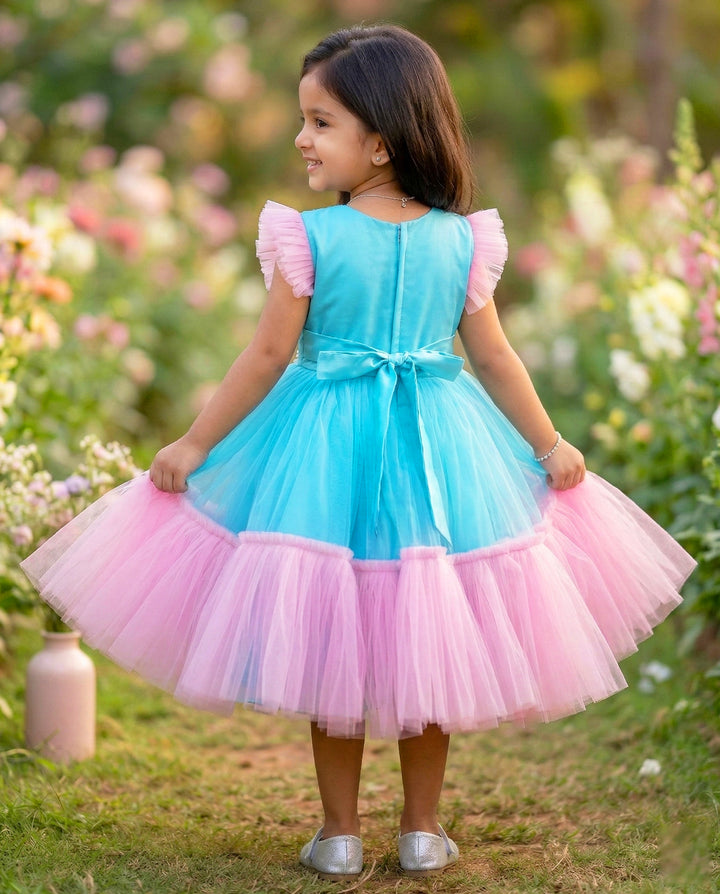 Sky Blue &amp; Baby Pink Candy Theme Birthday Frock – Handwork Appliqué Party Dress for Baby Girls by Stanwells Kids