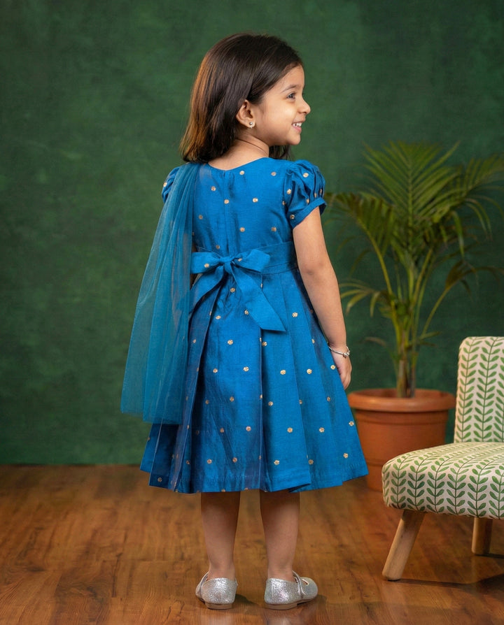 Teal blue silk frock, baby girls birthday dress, ethnic party wear, festive frock, butti design frock