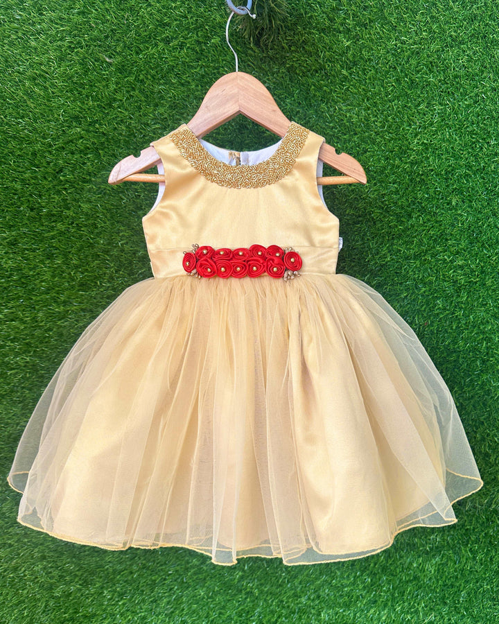 Golden Shade Handwork Baby-Girls Partywear Flower Frock
Material : Golden shade handwork party wear birthday flower frock is made with soft nylon net fabric. The yoke portion of the frock is designed in a simple look wit