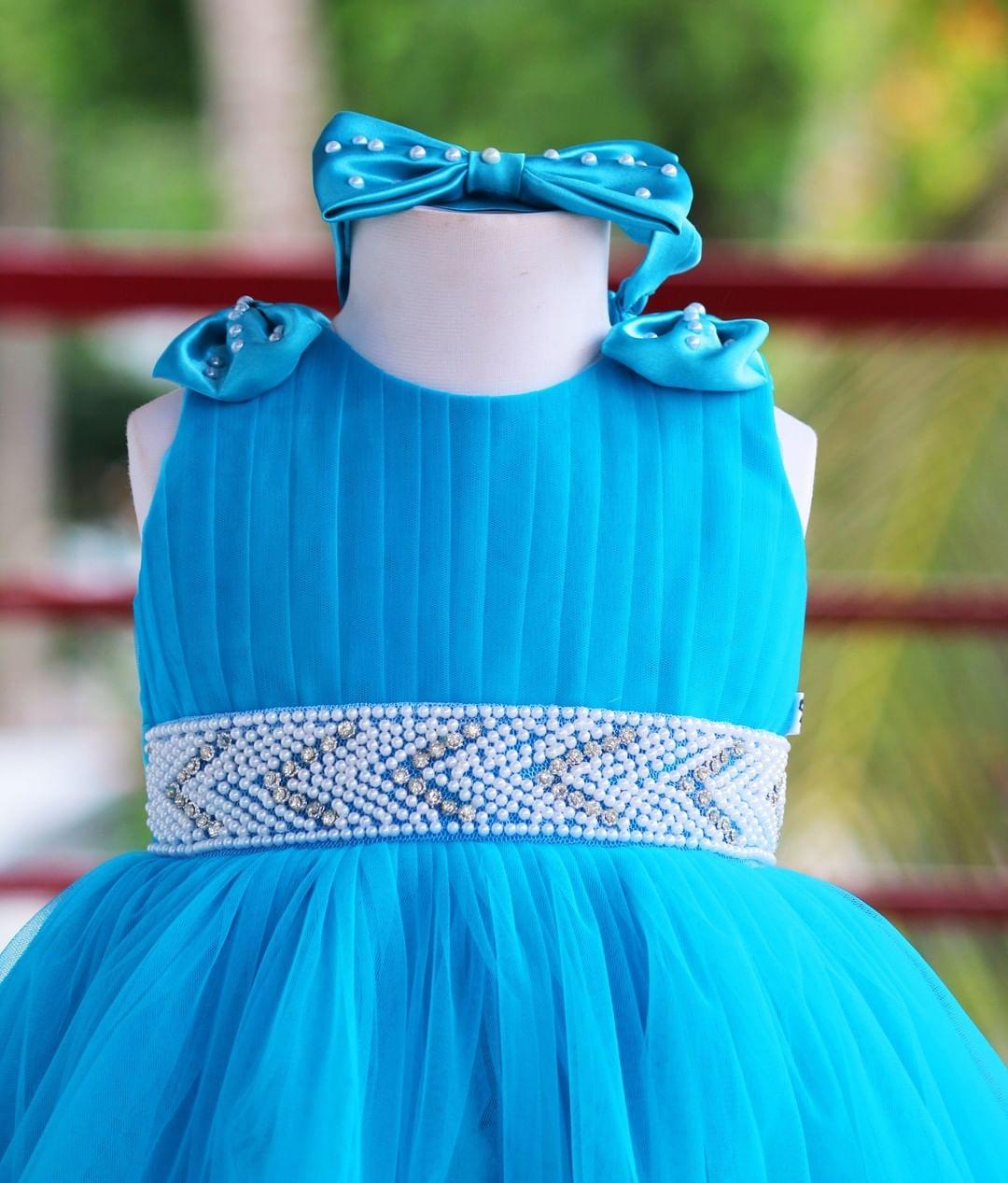 Sky Blue Ruffled Pleated Bow Frock-Sample – Stanwells Kids