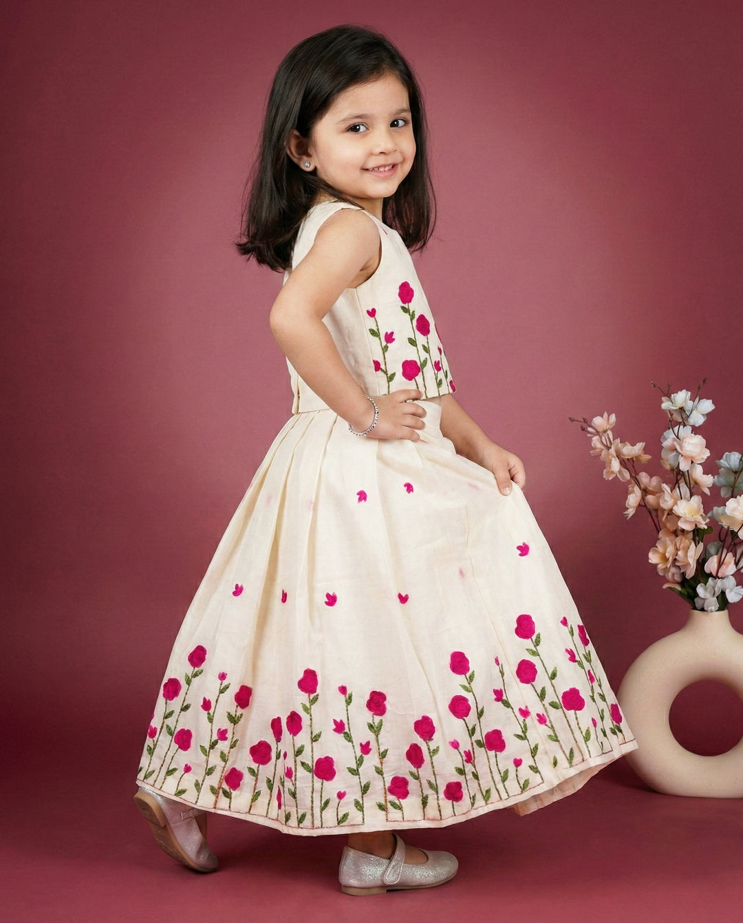 Cream Pink Baby Girl Birthday Dress, Party Wear Lehenga Choli, Kids Birthday Outfit