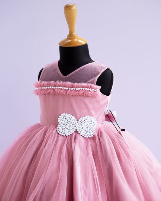 Dust pink white bead butterfly frock side view – Stanwells Kids