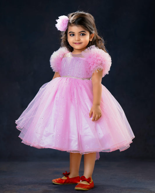 Baby pink glitter birthday frock front view baby girl – Stanwells Kids