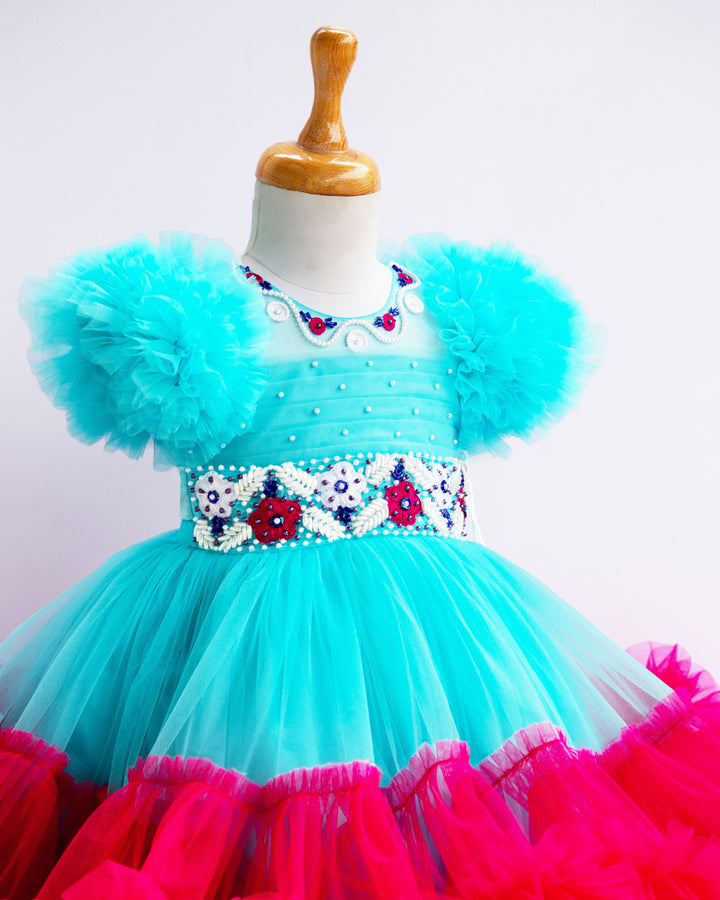 Sky Blue & Rany Pink Combo Heavy Handwork Ruffles Partywear Frock