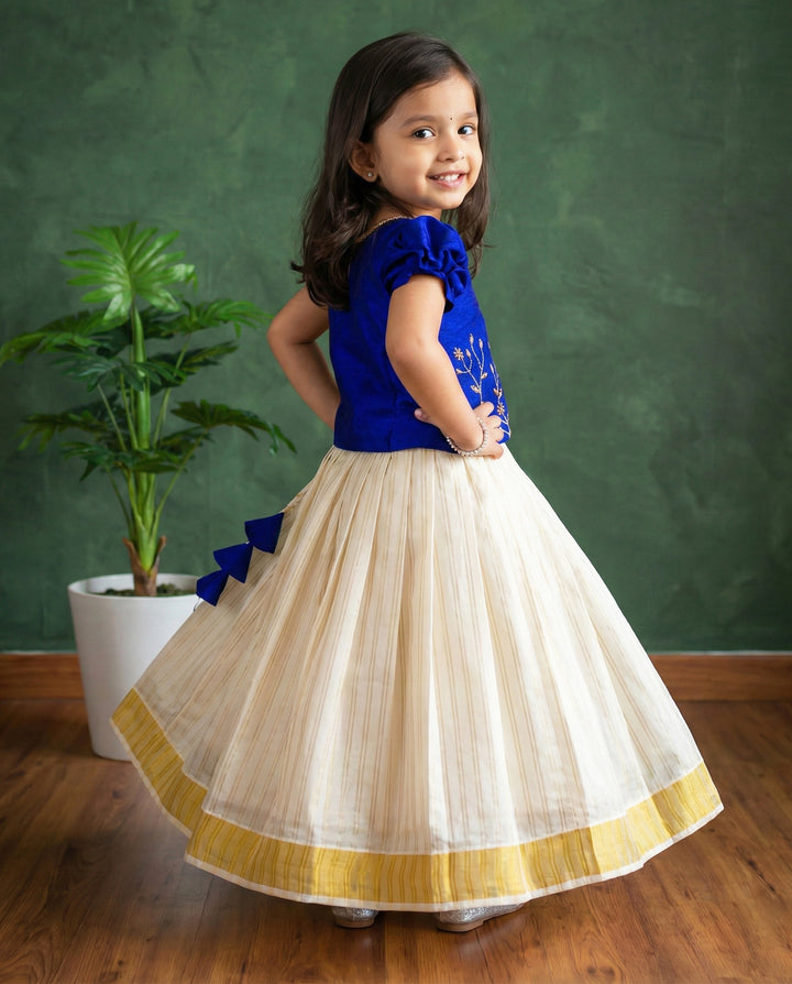 Cream royal blue kasavu lehenga choli full view – Stanwells Kids