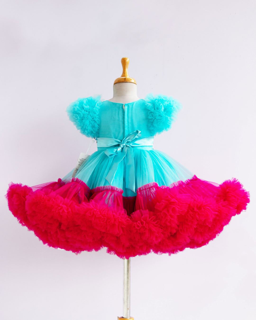 Sky Blue & Rany Pink Combo Heavy Handwork Ruffles Partywear Frock