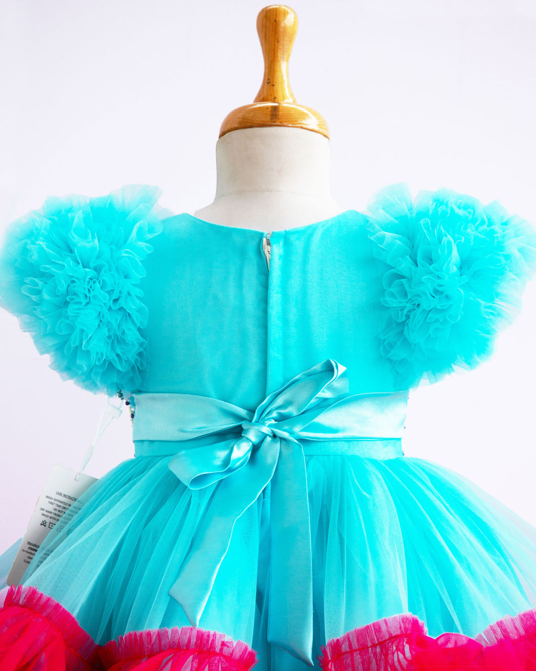 Sky Blue & Rany Pink Combo Heavy Handwork Ruffles Partywear Frock