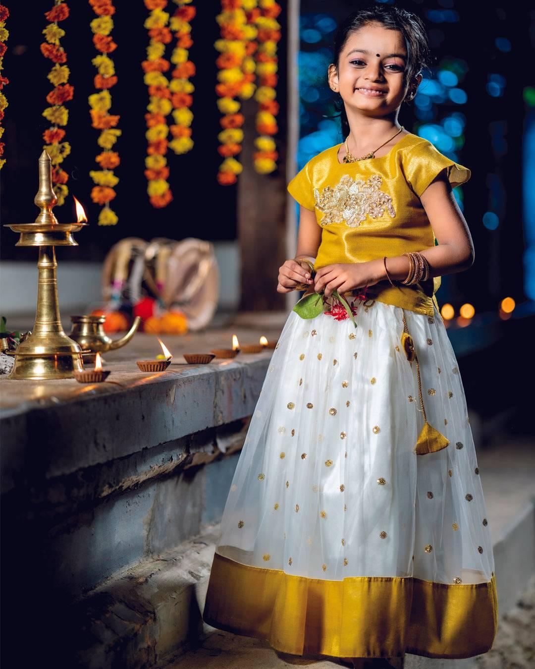 cream gold traditional sequins embroidery applique work lehenga choli baby girls