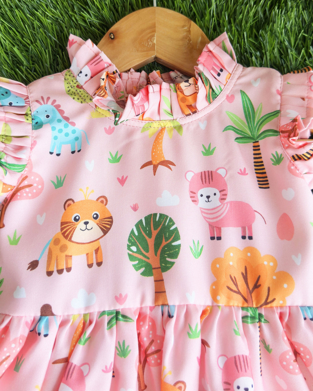 Animal printed pink baby girl's rayon frock birthday dress