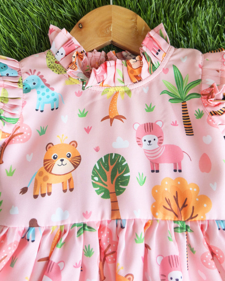 Animal printed pink baby girl's rayon frock birthday dress