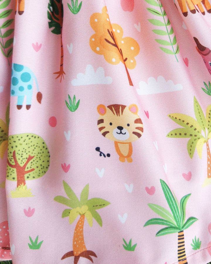 Animal printed pink baby girl's rayon frock birthday dress