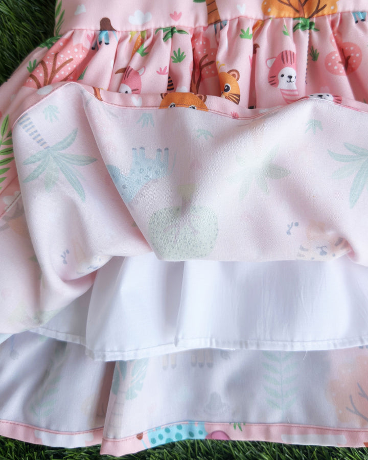 Animal printed pink baby girl's rayon frock birthday dress