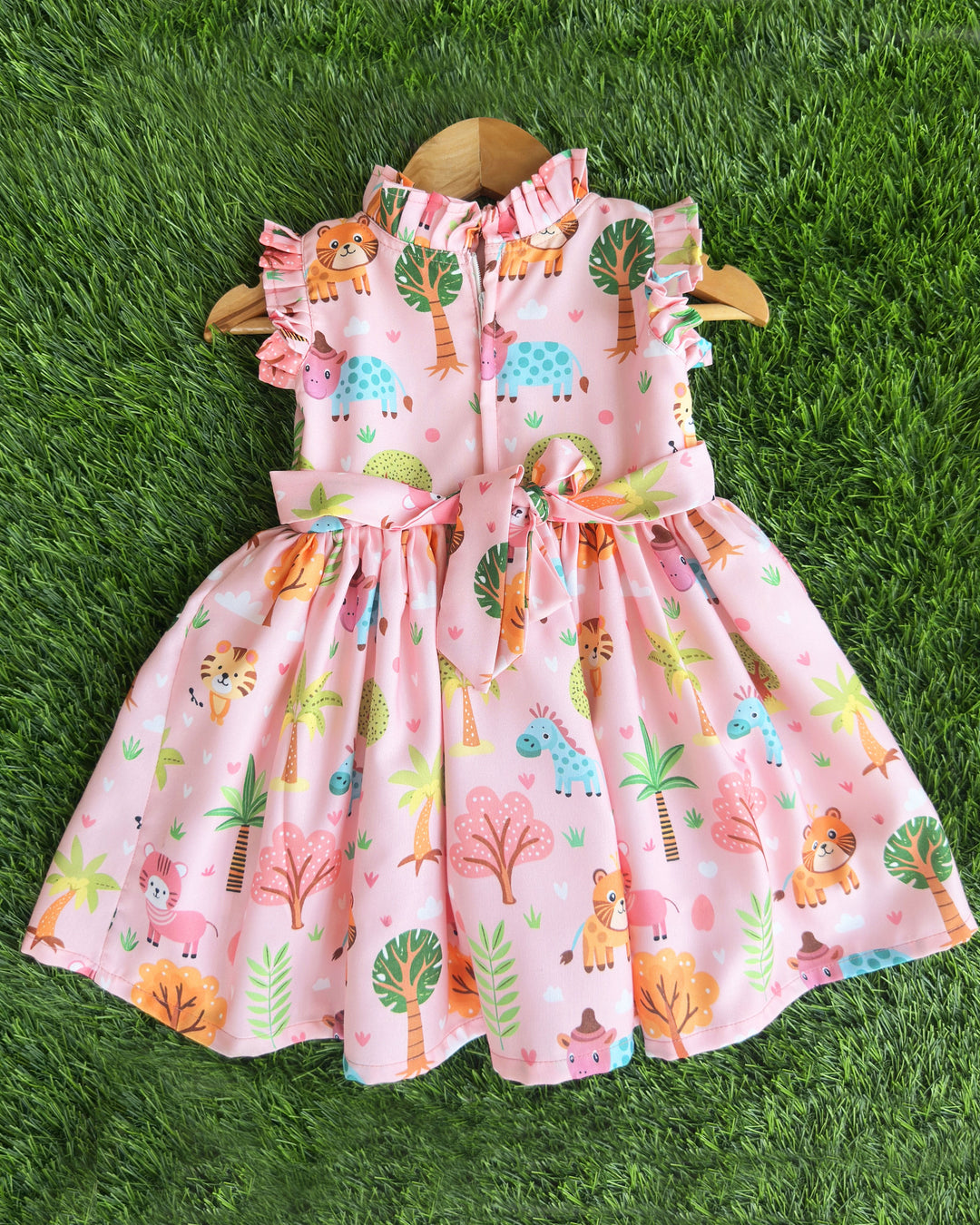Animal printed pink baby girl's rayon frock birthday dress