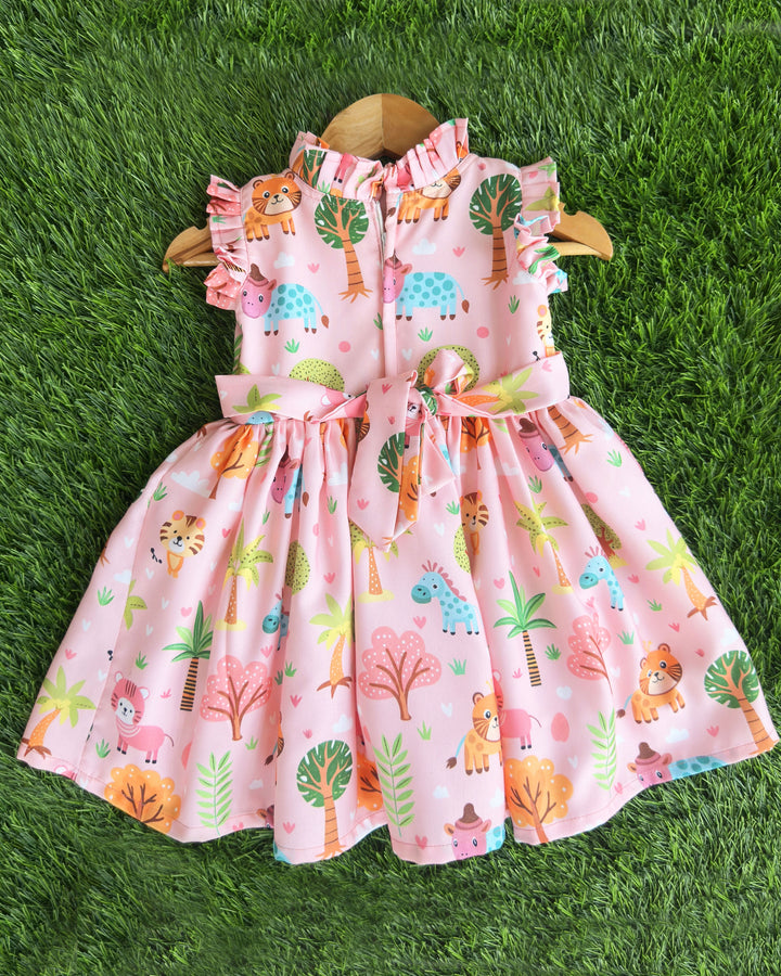Animal printed pink baby girl's rayon frock birthday dress