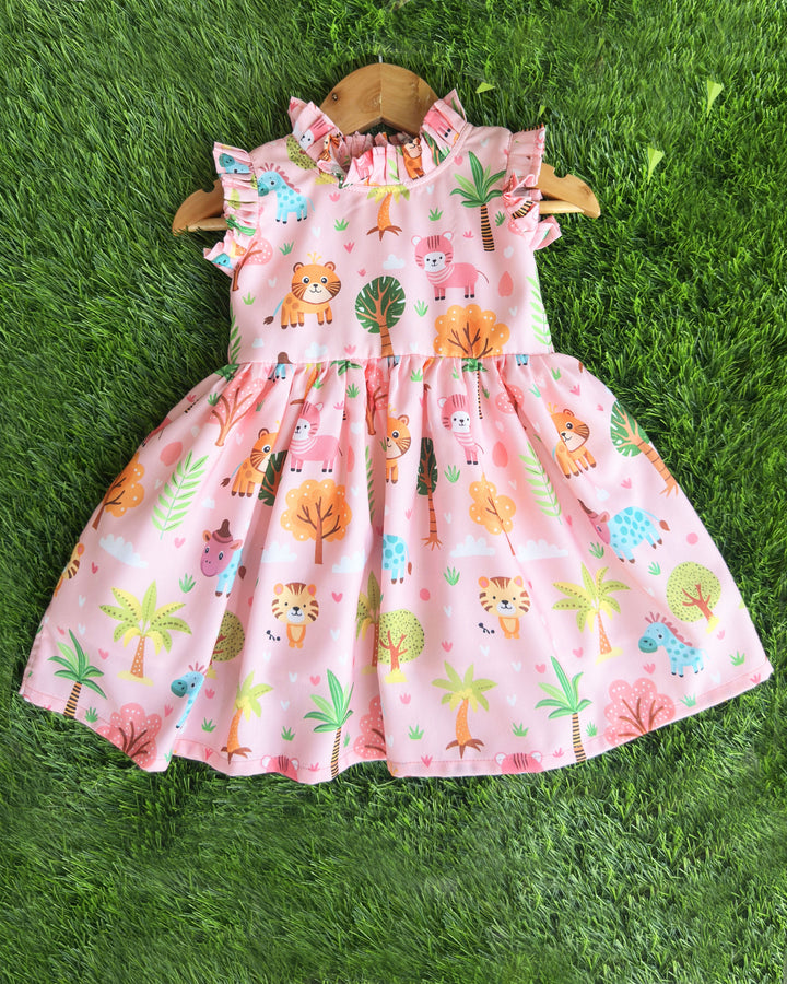 Animal printed pink baby girl's rayon frock birthday dress