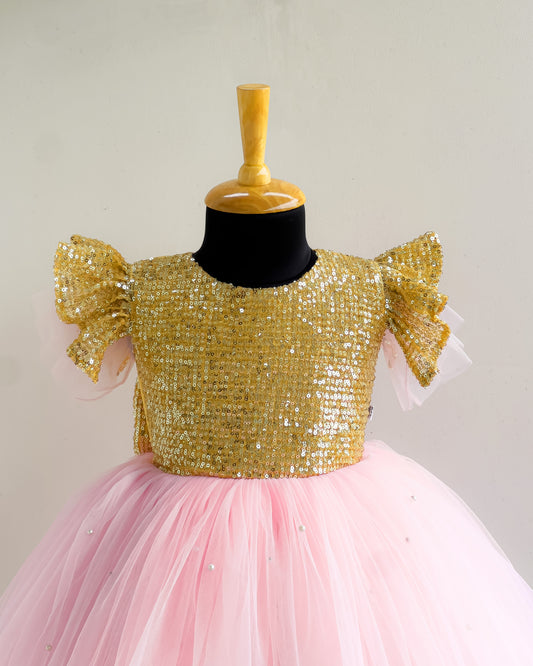 Baby pink golden sequins designer frock full view – Stanwells Kids