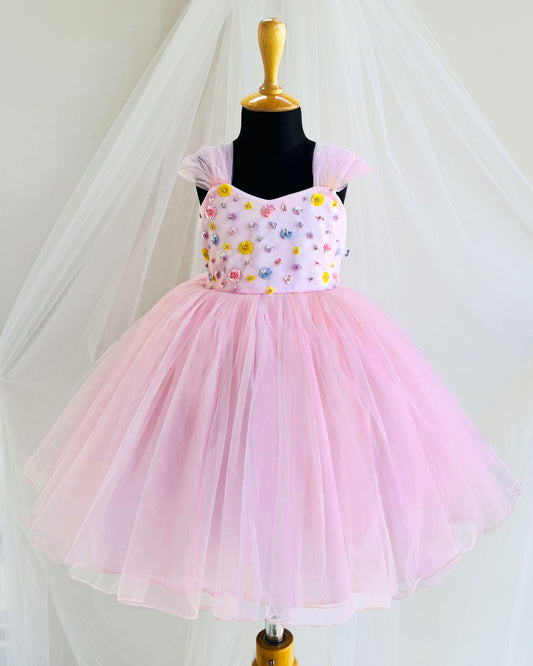 Baby pink heavy sequins yoke birthday frock front view – Stanwells Kids