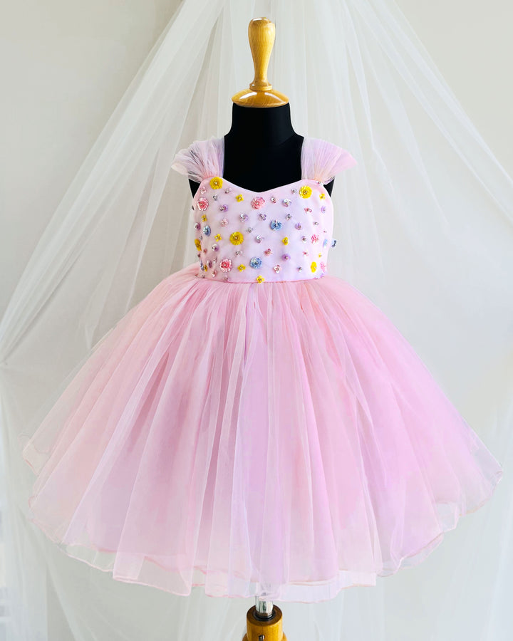 "Baby Pink Sequins Handwork Frock for Baby Girls Birthday Party"