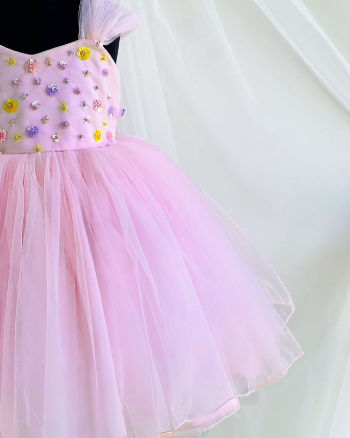 "Baby Pink Sequins Handwork Frock for Baby Girls Birthday Party"