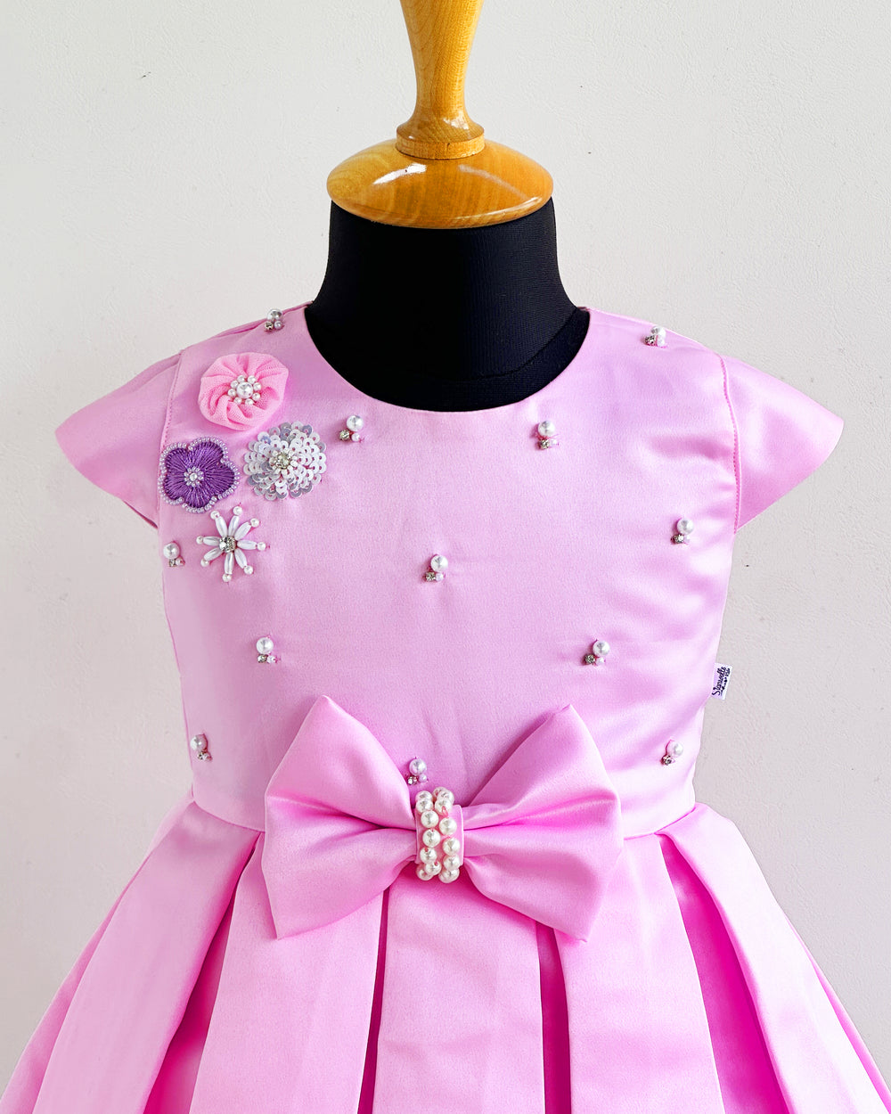 Baby pink silky satin baby girl birthday dress, western style frock, box pleated party wear, kids birthday dress for girls