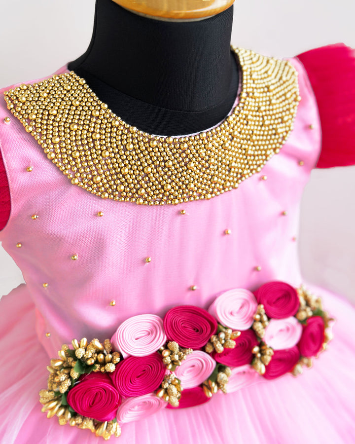 Baby Pink Rany Pink Handwork Frock, Baby Girls Birthday Dress, Designer Partywear Frock, Flower Dress for Baby Girl