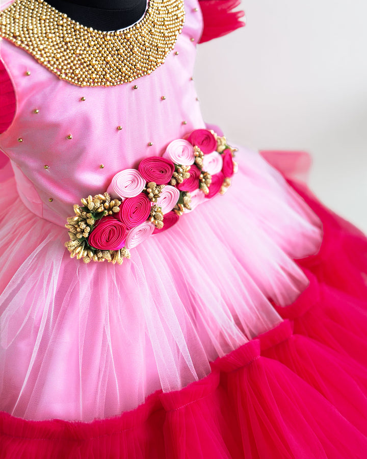 Baby Pink Rany Pink Handwork Frock, Baby Girls Birthday Dress, Designer Partywear Frock, Flower Dress for Baby Girl