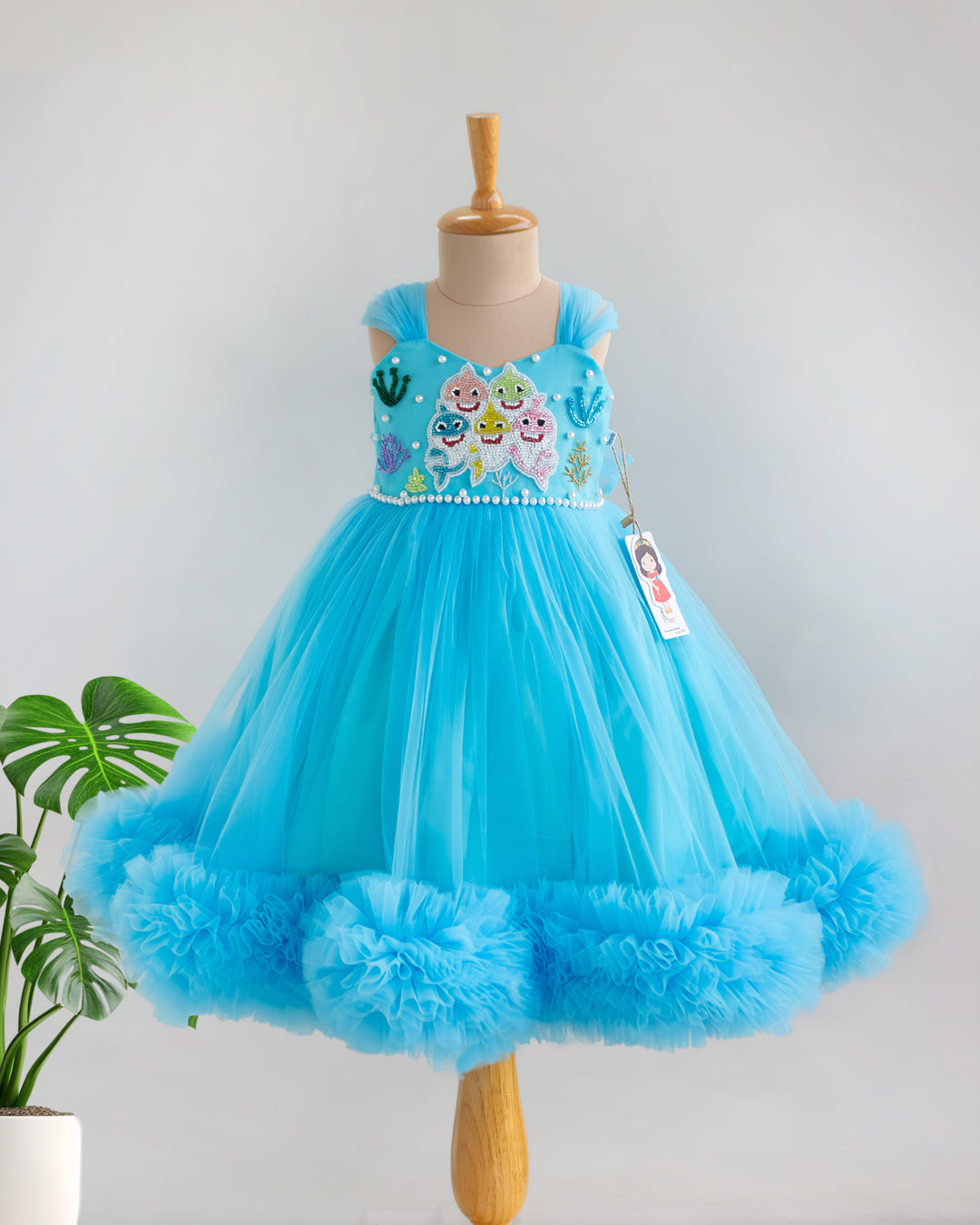 Baby shark theme ruffled handwork birthday gown for baby girl – front view, Stanwells Kids