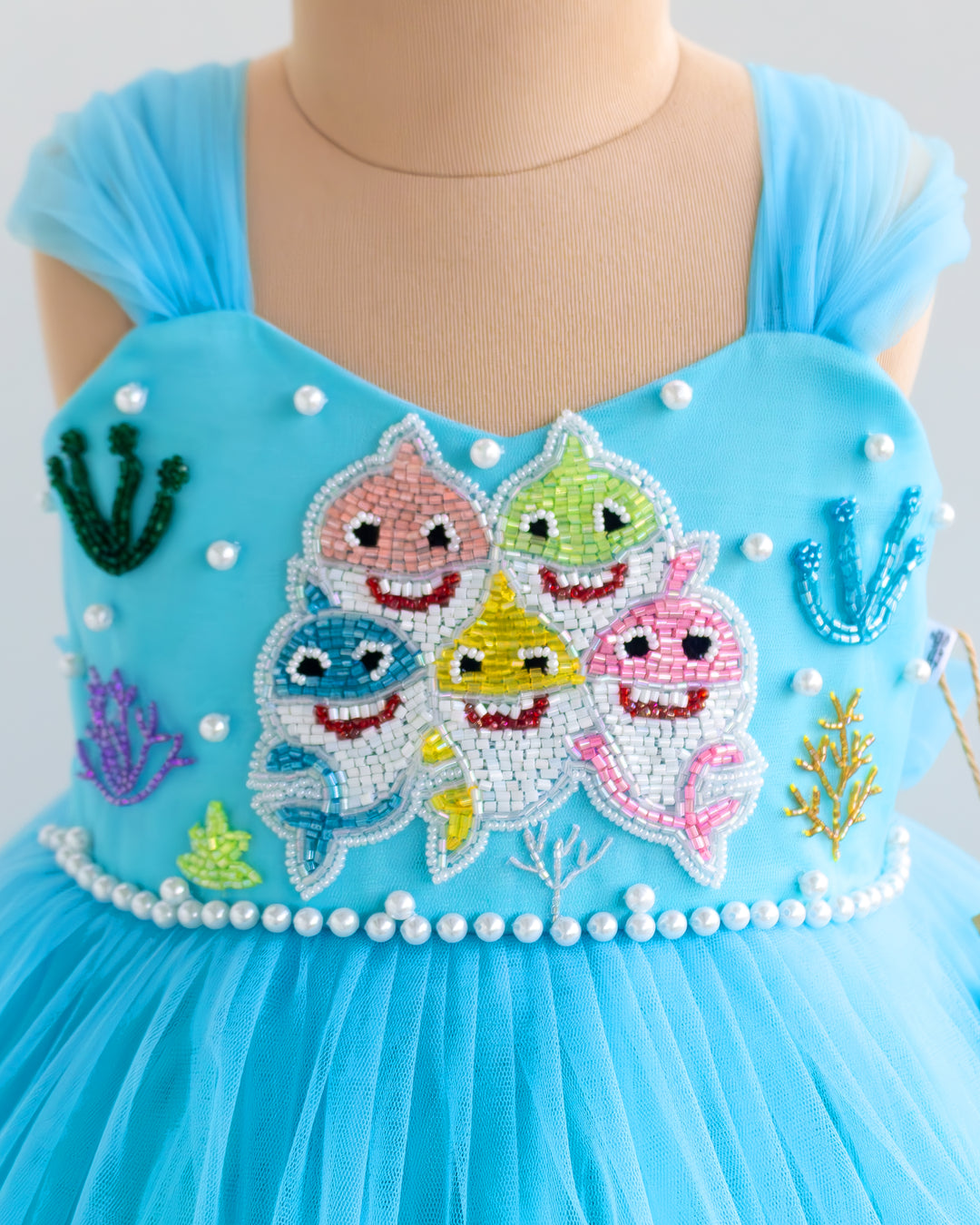 Sky blue baby shark theme party gown with layered ruffles for baby girl – Stanwells Kids