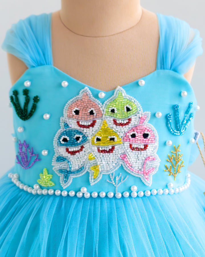Sky blue baby shark theme party gown with layered ruffles for baby girl – Stanwells Kids