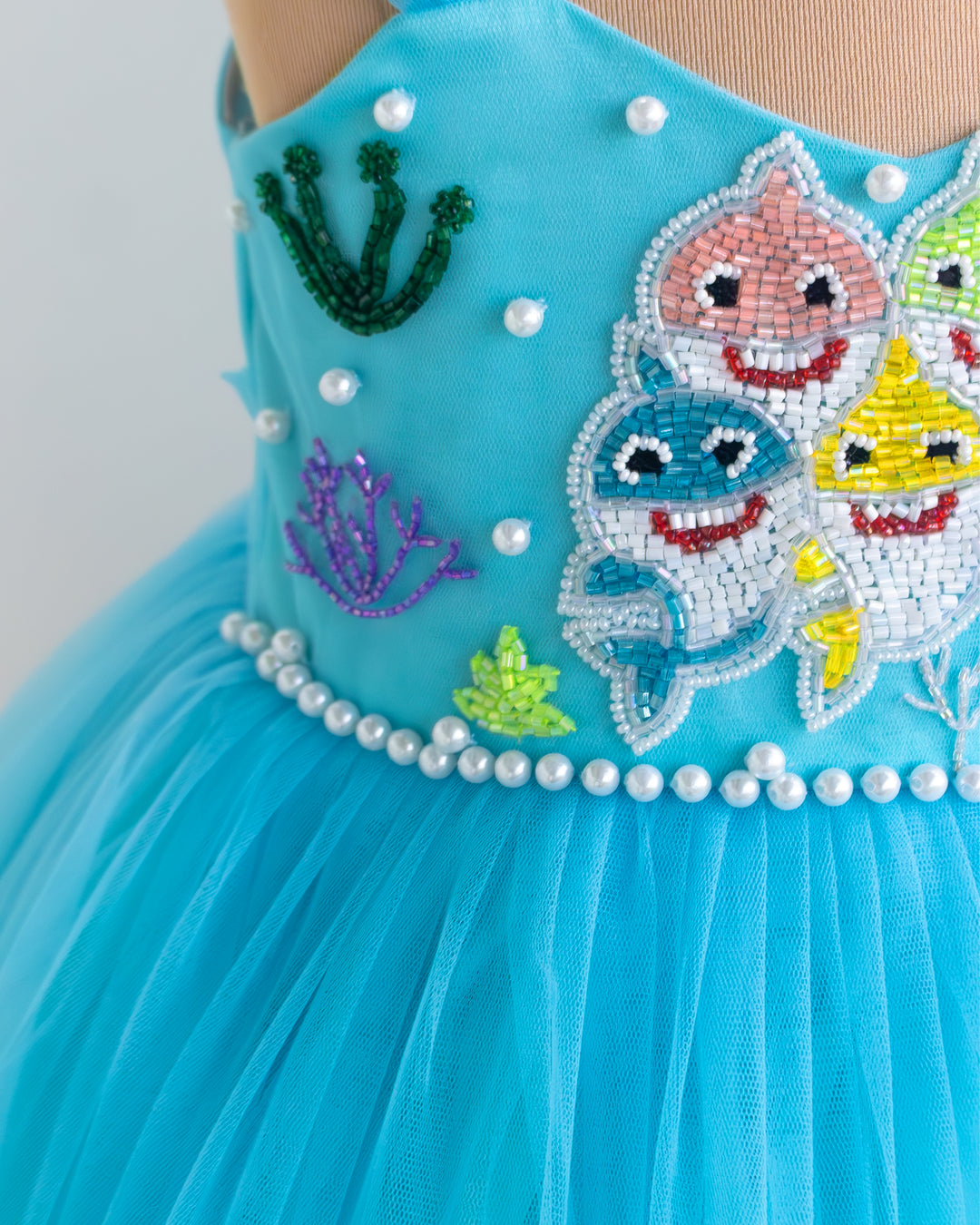 Baby shark handwork detailing on sky blue ruffled birthday gown – Stanwells Kids