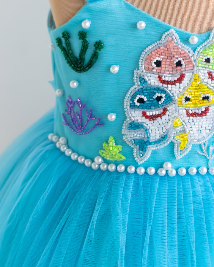 Baby shark handwork detailing on sky blue ruffled birthday gown – Stanwells Kids