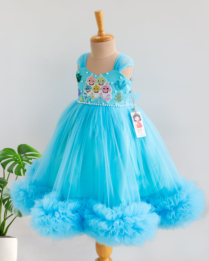 Baby shark theme gown full look – 1st birthday party dress for baby girl, Stanwells Kids