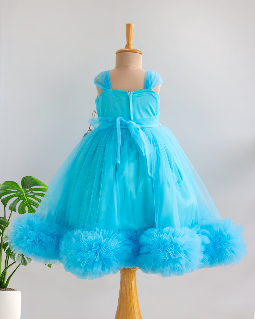 Sky blue baby shark ruffled gown back view – themed birthday dress, Stanwells Kids