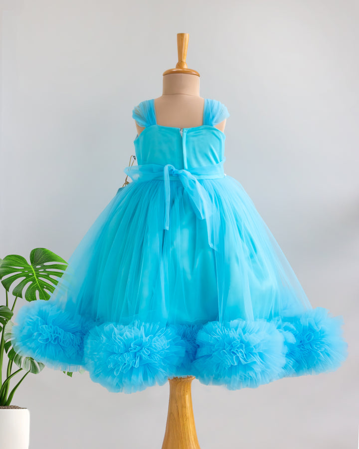 Sky blue baby shark ruffled gown back view – themed birthday dress, Stanwells Kids