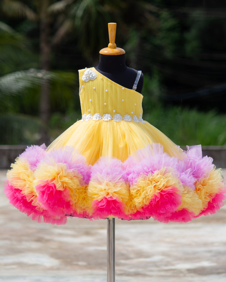 Baby yellow multi shade ruffles floral frock for baby girl – front view, Stanwells Kids