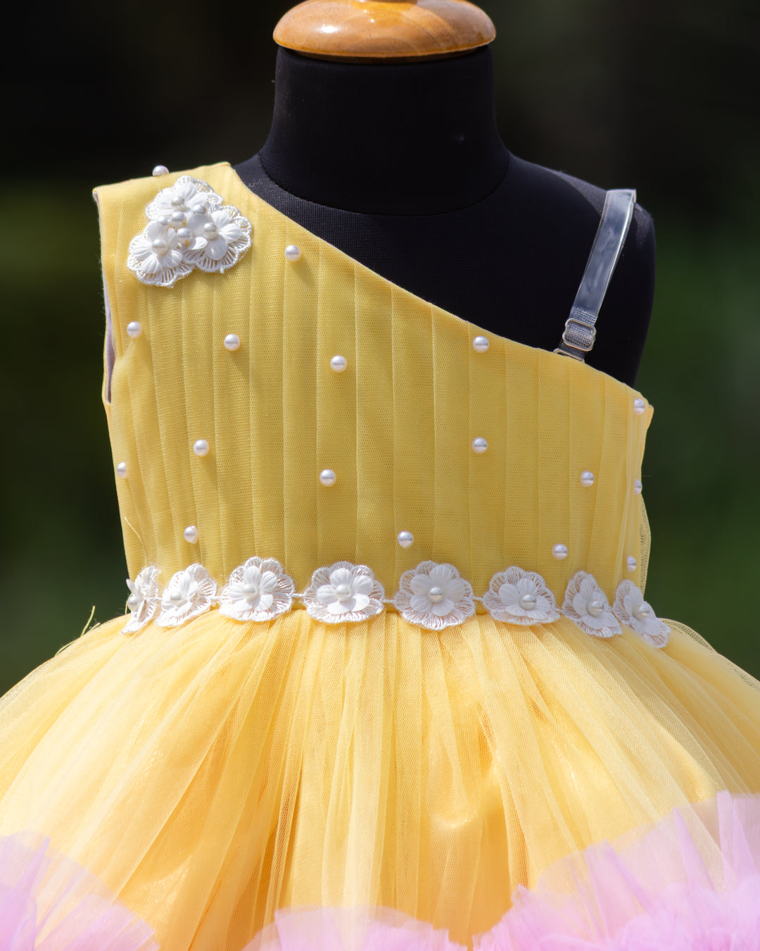 Pleated handwork yoke on baby yellow multi shade ruffle frock – Stanwells Kids