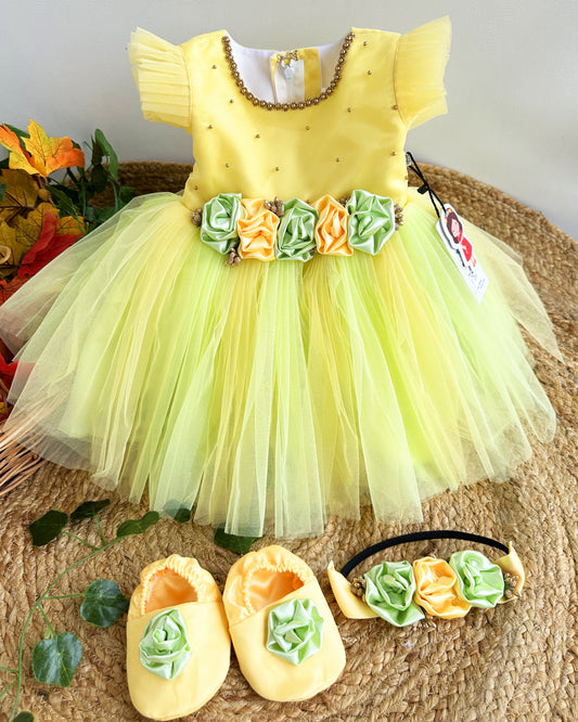 Baby Yellow Green Infant Girls Birthday Dress - Partywear Flower Frock by Stanwells Kids
