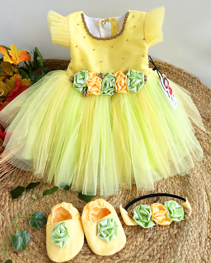 Baby Yellow Green Infant Girls Birthday Dress - Partywear Flower Frock by Stanwells Kids