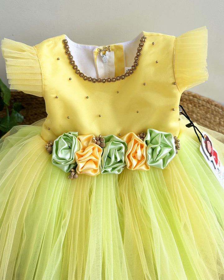 Baby Yellow Green Infant Girls Birthday Dress - Partywear Flower Frock by Stanwells Kids