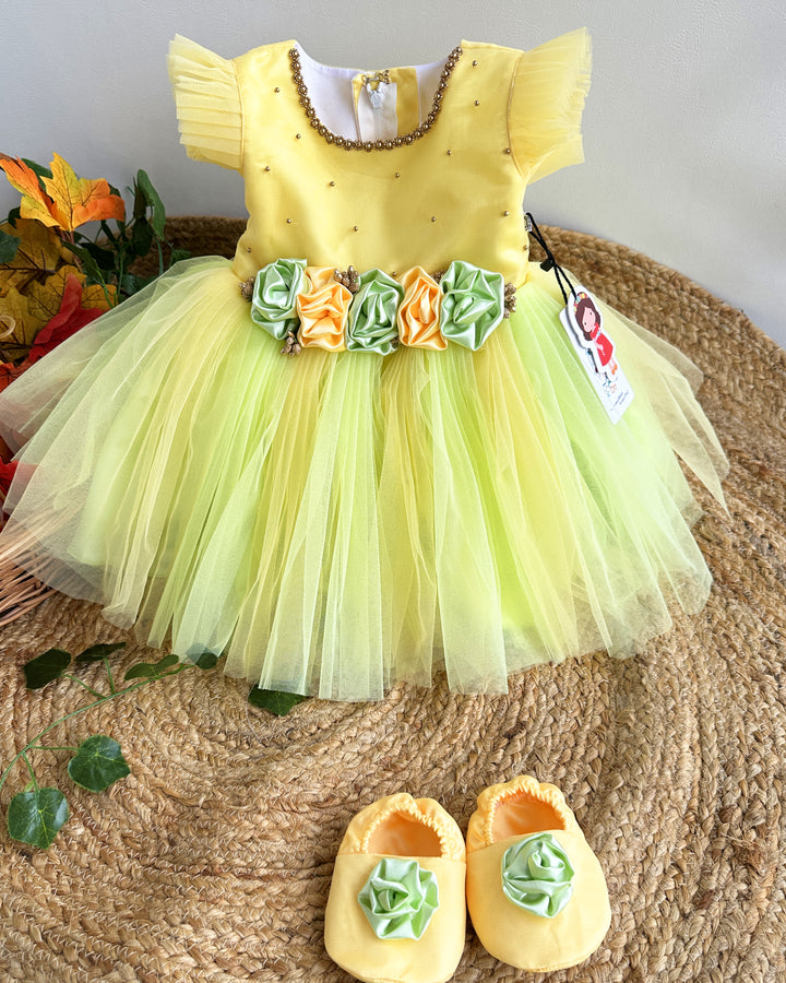 Baby Yellow Green Infant Girls Birthday Dress - Partywear Flower Frock by Stanwells Kids